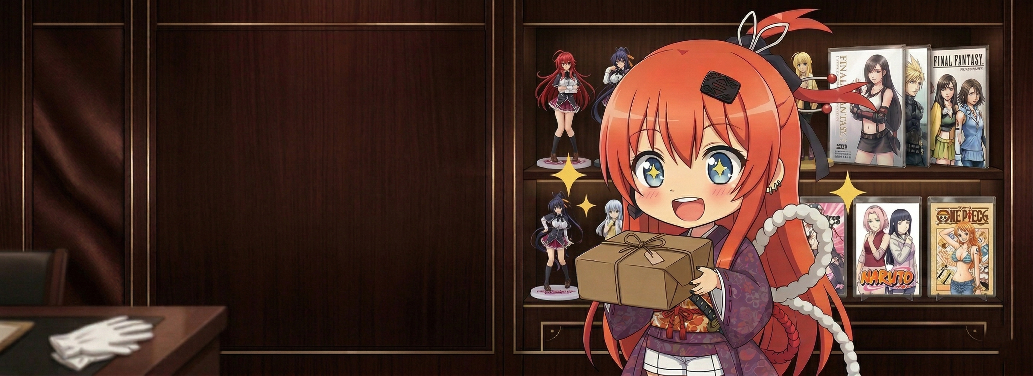 Japan Art & Doujin store banner featuring anime character with shipping box, rare High School DxD figures, and Mylar-protected artbooks including Final Fantasy, Naruto, and One Piece titles.